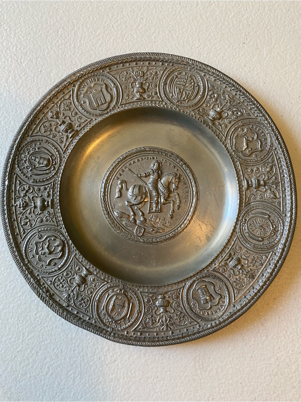 Ornate Pewter Decorative Plate with Equestrian Medallion